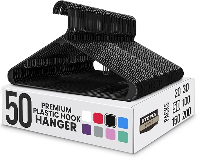Utopia Home Plastic Hangers 50 Pack - Space Saving Clothes Hanger - Durable & Strong Closet Organizers and Storage with Built-in Strap Hooks - Essential for Shirts, Pants, Skirts & Coats (Black)
