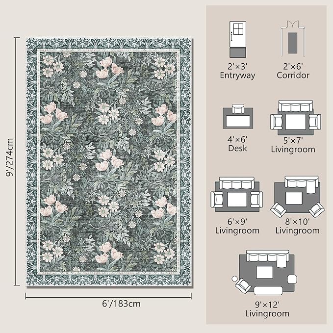 Vintage Floral with Ornate Border Washable 6x9 Area Rug, Soft Low Pile Carpet for Living Room, Dining Room Under Table, Bedroom | Non-Slip, Stain Resistant & Durable