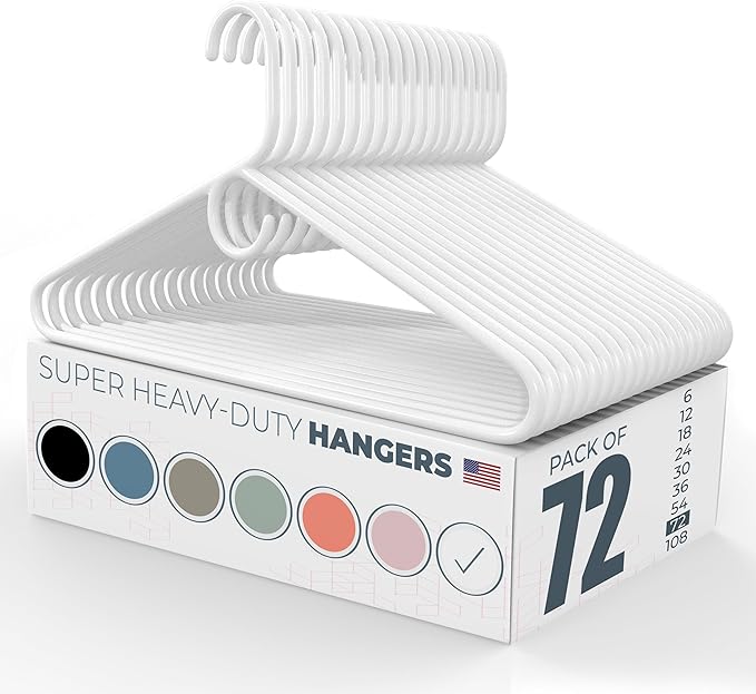 Neaties Super Heavy Duty Clothes Hangers 50+ Pack (72 Count) – Made in the USA - 10lb Capacity, Thick Plastic Hangers for Pants, Coats, Jackets, Jeans and Adult Clothing – White