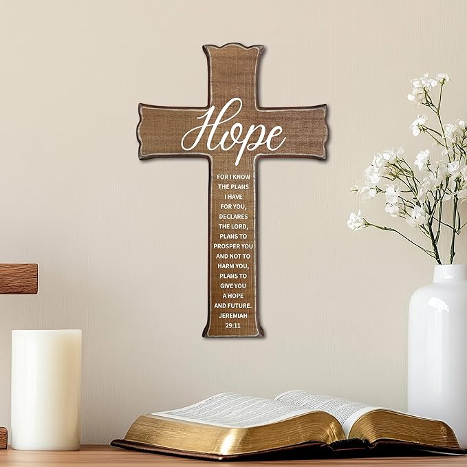 dsjaidh Cross Wall Decor - Wood Color Scripture Wooden Cross For Wall - Rustic Wooden Hanging Signs Easter Decor for Home Office Church Baptism - Christian Gifts for Men Women (Hope) - A04