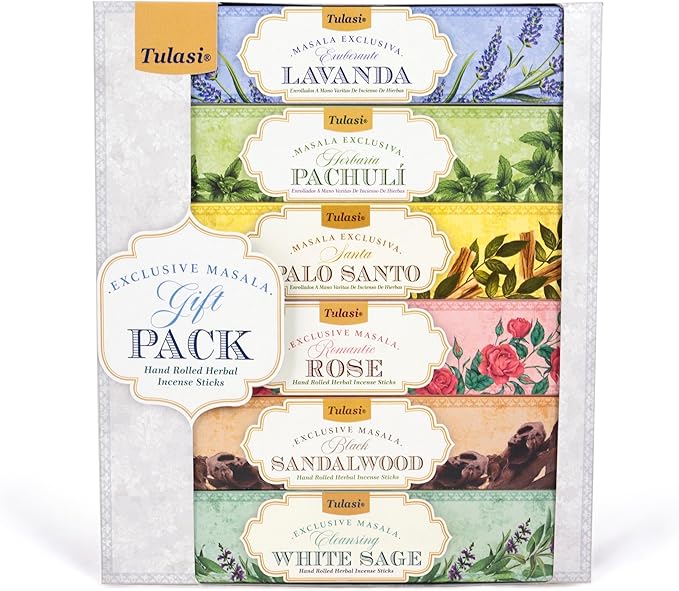 Tulasi Herbal Masala Incense Sticks Assorted/Variety Pack – 120 Hand Rolled Sticks, 6 Natural Scents | Sandalwood, Lavender, Patchouli, Palo Santo, White Sage | Aromatherapy