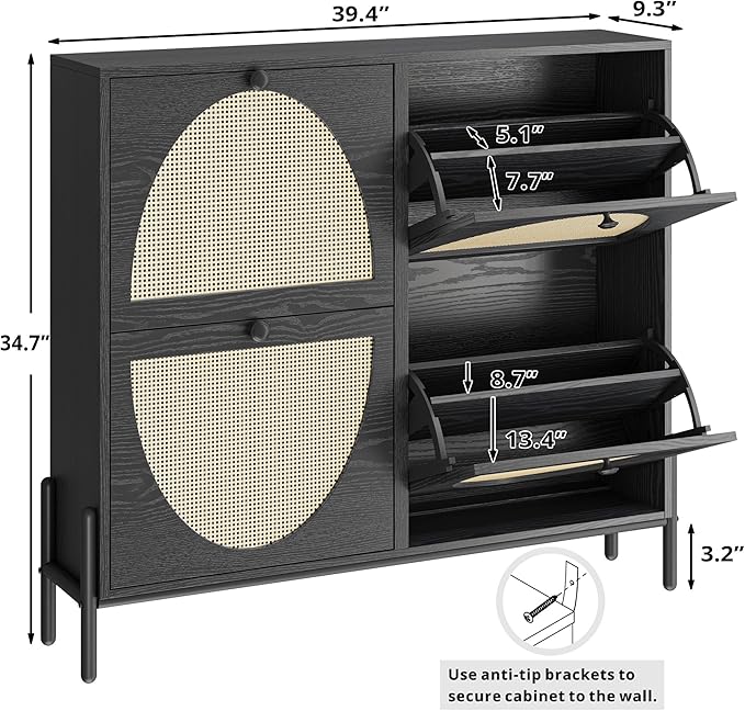 IRONCK Rattan Shoe Cabinet Storage with 4 Flip Drawers, Freestanding Shoe Storage Organizer Cabinet for Entryway, Narrow Shoe Rack Cabinet, Matte Black