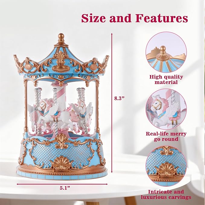 Gifts for Mom Blue Carousel Horse Snow Globe Music Box with Rotating Horses Musical Unicorn Snow Globe with Glitter for Girls, Women, Mom, Birthday Gifts Home Decorations (Blue Gold Carousel)