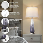 Glass Table Lamps for Living Room, Modern Bedside Lamps with USB A+C Ports, 3-Way Dimmable Touch Control Nightstand Lamp with White Linen Shade, 27.5" Large Lamps for Bedrooms Decor, Grey, 1 Pack