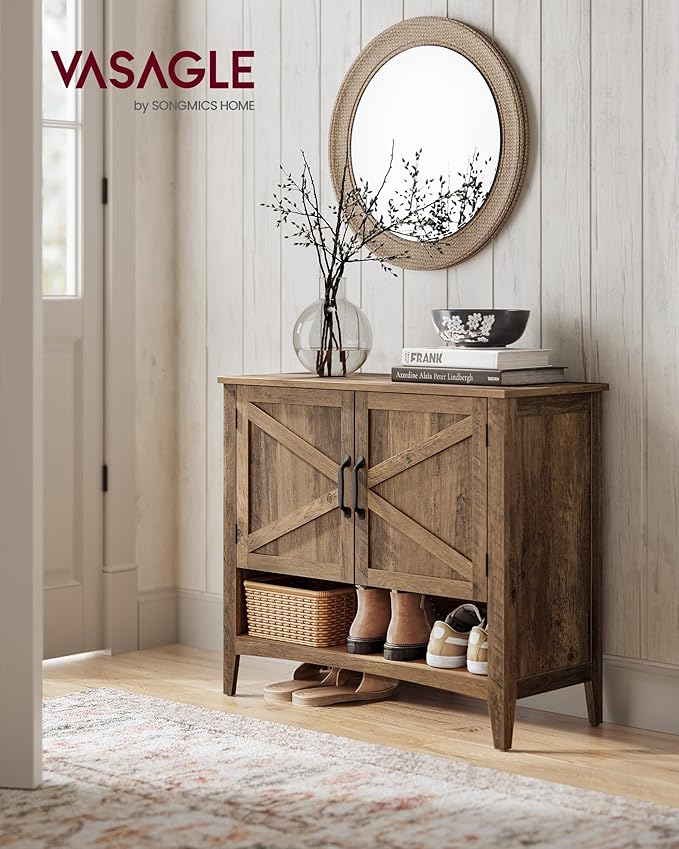 VASAGLE LIRY Collection - Shoe Cabinet, 3-Tier Storage Organizer, Shoe Shelf, Farmhouse Freestanding Cabinet, Height-Adjustable Shelf, 13.8 x 31.5 x 27.6 Inches, Honey Brown ULBC038B01