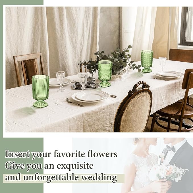 6 Pcs (H:7" W:4") Embossed Flower Vase Pedestal Glass Vase Big Base Thickened Crystal Vintage Vases for Valentines Day Wedding Home Decor Table Centerpiece House Warming Gifts(Green)