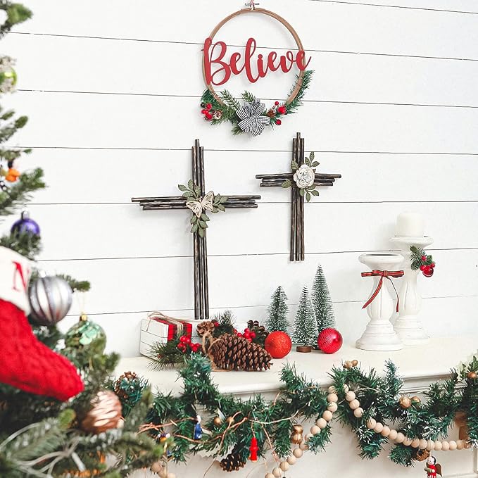 Synovana Wall Cross, Rustic Metal Cross Wall Decor with White Rose, Inspirational Christian Wall Crosses for Home Decor, Crucifix Gift