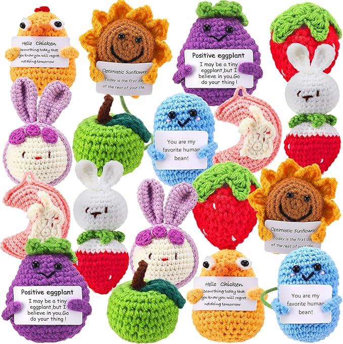 VioraWhite 18 Pcs Positive Crochet Animal Fruit Sunflower Emotional Dolls Bulk Encouragement Emotional Knitted Gifts with Positive Words for Friends Coworker Decorations for Home Office