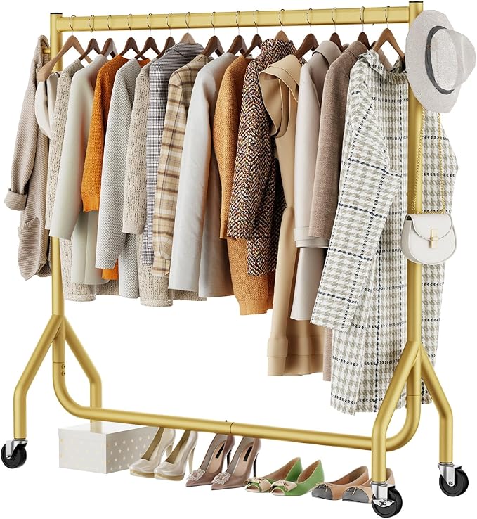Clothes Clothing Rack, Rolling Heavy Duty Clothes Rack Load 420 LBS With Wheels, Metal Clothes Rack for Hanging Clothes, Portable Standing Clothes Garment Rack,Gold,48 inches