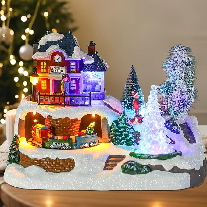 WONDER GARDEN Christmas Village Houses-Christmas Houses Village - Lighted Musical Railway Station Moving Train Town Sets with Revolving Acrylic Trees Animated Figurines for Indoor Decor or Gift
