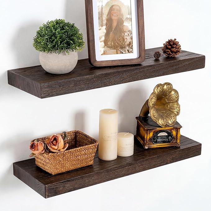 Marsmiles 20 inch Floating Shelves for Wall Solid Elm Wood Shelves|Rustic Wall Shelves with Heavy-Duty Invisible Bracket for Bathroom Living Room Kitchen|Walnut, 2 Pack