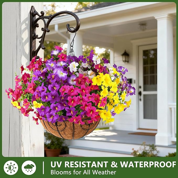 Artificial Fake Petunias Flowers for Outdoors Spring Decoration, 12 Bundles Faux Flower Plants UV Resistant Realistic Silk Flower for Outside Planters Patio Porch Yard Window Box (6 Mix Colors)