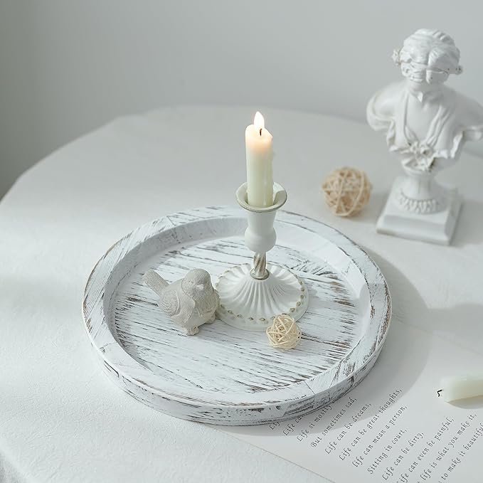 Hanobe Candle Plate Holder Tray: Round White Wood Decorative Tray Decor - Rustic Farmhouse CoffeeTable Decor - Tealight Pillar Trays for Home Decor
