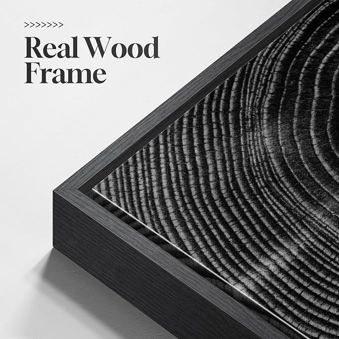 Framed Square Black Tree Ring Abstract Wall Art, Modern Nature Canvas Prints, Contemporary Black Minimalist Tree Lines Pictures for Living Room Bedroom Dining Room Hallway Office Wall Decor 24x24 In