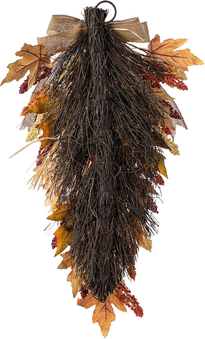 Glitzhome 28'' Artificial Fall Teardrop Swag, Autumn Harvest Multi-Colored Sorghum Door Swag, Hanging Flower Wreath for Thanksgiving Fall Front Door Window Wall Decor