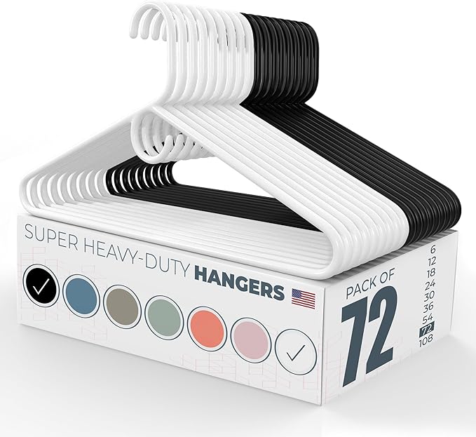 Neaties Super Heavy Duty Clothes Hangers 50+ Pack (72 Count) – Made in the USA - 10lb Capacity, Thick Plastic Hangers for Pants, Coats, Jackets, Jeans and Adult Clothing – White & Black