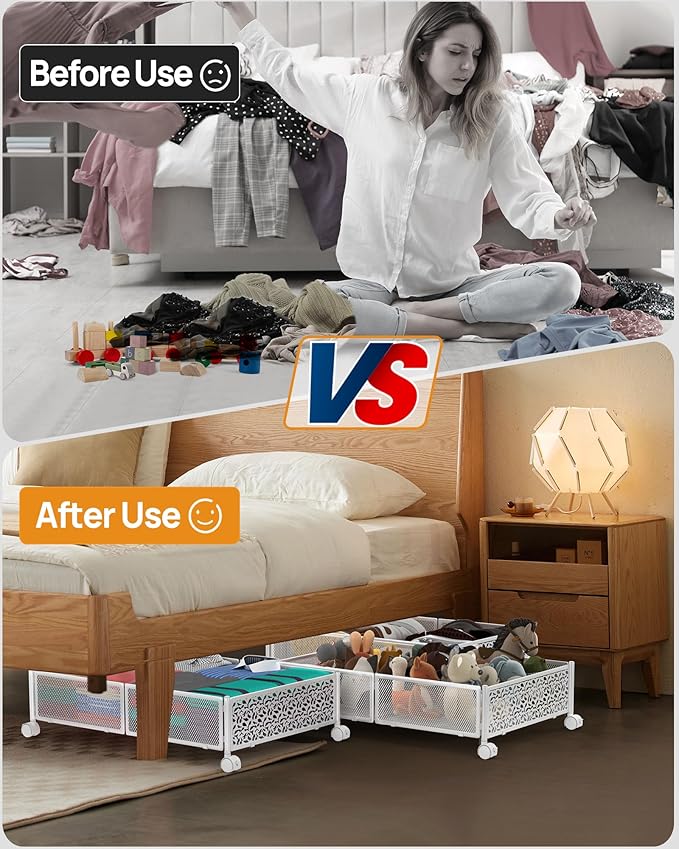 Under Bed Storage With Wheels, 4 Pack Foldable Pattern Carved Metal Under Bed Storage Containers, 60L Rolling Underbed Storage, Easy Assembly Under The Bed Storage for Shoes, Blankets...