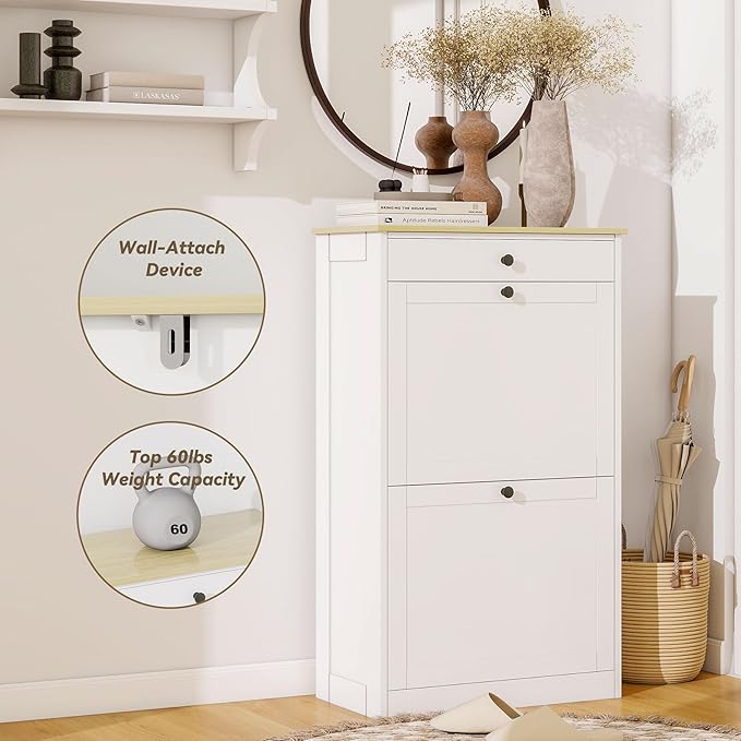 Shoe Cabinet with 2 Flip Drawers, Slim Wooden Hidden Shoe Organizer with Drawer, Pet-Proof Narrow Shoe Storage Cabinet for Entryway Living Room Behind The Door