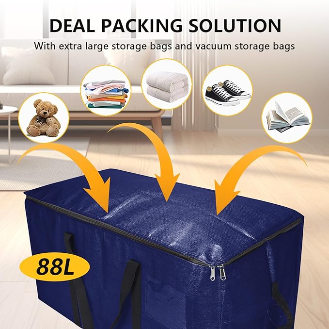Heavy-Duty Extra Large Moving Bags with Zippers,Extra Large Storage Bag Set Heavy Duty Moving Totes Dual-Way Carrying Design,College Dorm,Christmas Storage Bag(Blue,6 Moving bag & 10 Vacuum Seal Bags)