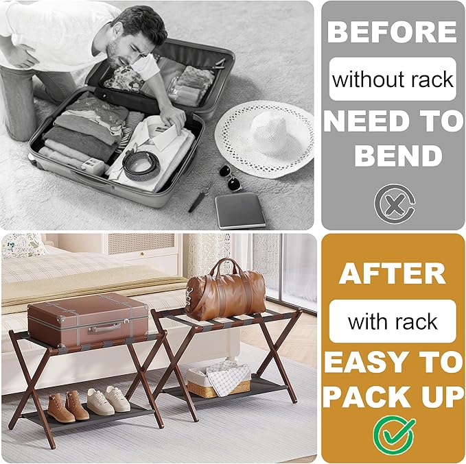 Bamboo Luggage Rack for Guest Room, 26.77" Folding Wide Suitcase Stand with Fabric Storage Shelf, Thickened Luggage Stand Holder for Bedroom Hotel, Luggage Rack for Suitcases (1 Pack - Brown)