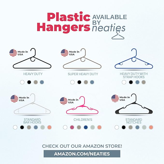 Neaties Plastic Hangers 15 Pack – Made in The USA – 6lb Capacity Standard Clothes Hangers with Strap Hooks for Dresses, Lingerie, Shirts, Pants, and Jackets – Pink
