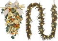Valery Madelyn 24 inch Fall Pumpkin Teardrop Swag Autumn Harvest Door Hanger with Green & White Mini Pumpkins, Eucalyptus, Raffia, Berries and Striped Bow for Front Door Thanksgiving Table Centerpiece