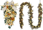 Valery Madelyn 24 inch Fall Pumpkin Teardrop Swag Autumn Harvest Door Hanger with Green & White Mini Pumpkins, Eucalyptus, Raffia, Berries and Striped Bow for Front Door Thanksgiving Table Centerpiece