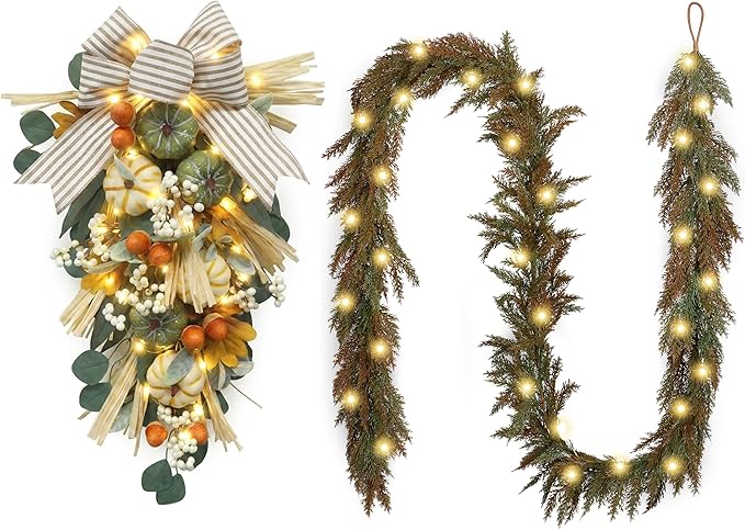Valery Madelyn 24 inch Fall Pumpkin Teardrop Swag Autumn Harvest Door Hanger with Green & White Mini Pumpkins, Eucalyptus, Raffia, Berries and Striped Bow for Front Door Thanksgiving Table Centerpiece