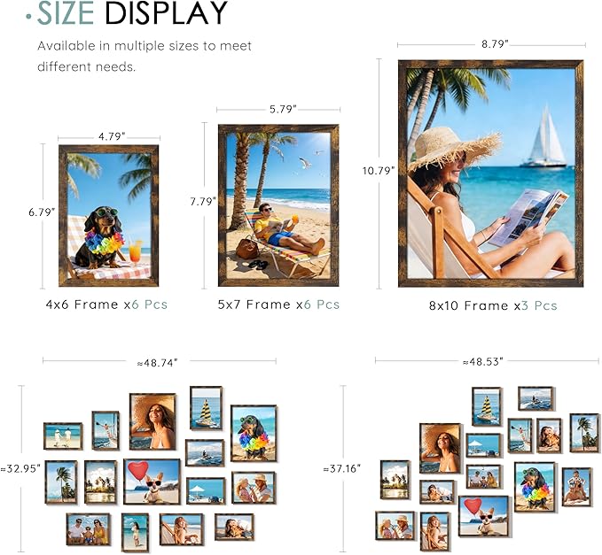 15 Pack Picture Frames Collage Wall Decor, Brown Frame Set with 3pcs 8x10, 6pcs 5x7, 6pcs 4x6 for Gallery Display, Wall Mounting & Tabletop, Bulk Photo Frames for Living Room Decor