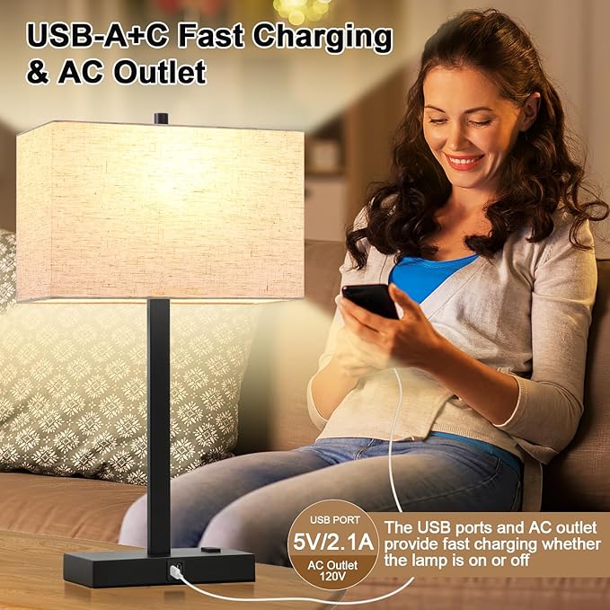 Lynnoland 21" Set of 2 Table lamp with USB A+C & AC Outlets, Touch Control 3-Way Dimmable Nightstand Lamps for Bedroom Living Room Office Reading, Linen Shade Touch Lamps, 3000K LED Bulbs Included