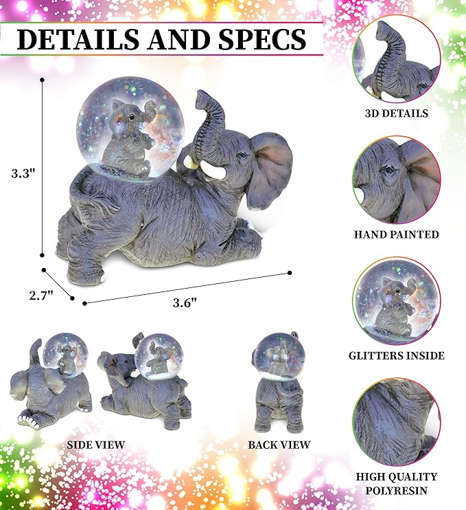 COTA Global Elephant Snow Globe Decor - Elegant Pink Sparkle Glitter Inside, Elephant Figurine, Collectible Ornament for Birthday, Christmas - 45 mm