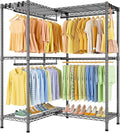 E15 Garment Rack L Shaped Clothes Rack for Corner，Freestanding Clothing Racks for Hanging Clothes，Heavy Duty Closet Organizer with 4 Hanging Rods & 8 S Hooks，43.4" W x 15.8" D x 78.4" H，Grey