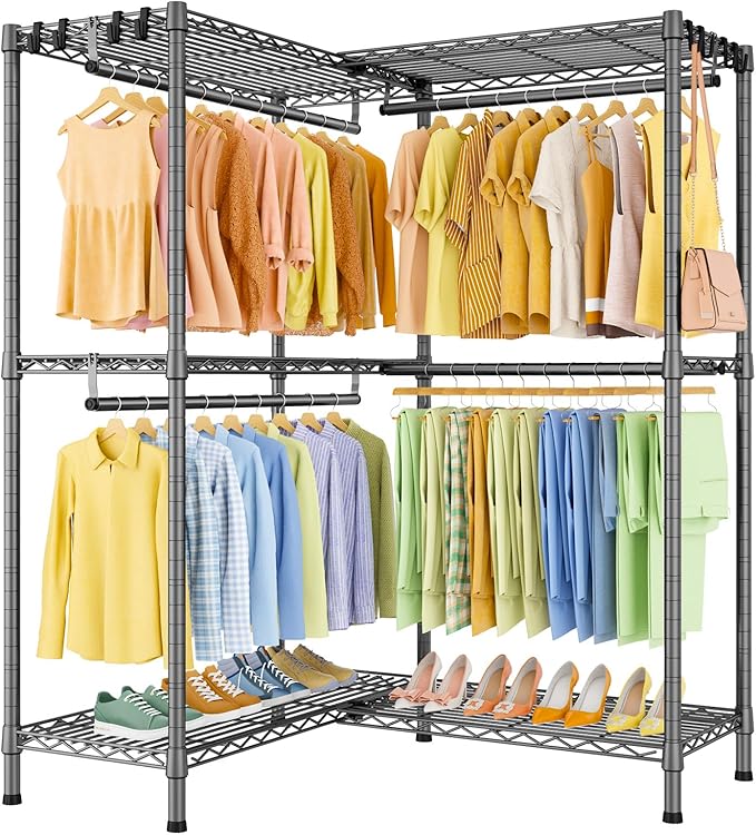 E15 Garment Rack L Shaped Clothes Rack for Corner，Freestanding Clothing Racks for Hanging Clothes，Heavy Duty Closet Organizer with 4 Hanging Rods & 8 S Hooks，43.4" W x 15.8" D x 78.4" H，Grey