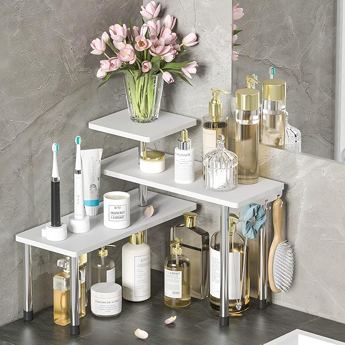 ZHWS Bathroom Counter Organizer Corner Shelf – Bathroom Organization Bamboo 3 Tier Spice Rack Makeup Organizer Bookshelf Space Saving Rack Kitchen Office Living Room (White)