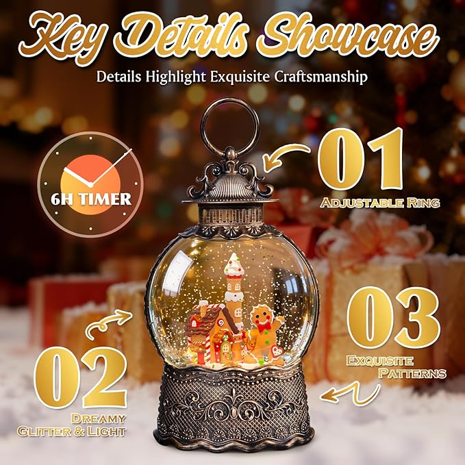 Gingerbread House Christmas Snow Globes, 10.24" Electric Light up Snow Globe Christmas, 8 Festive Songs 6H Timer & Dual Power, Musical Snowglobes Gingerbread Man Christmas Decorations Indoor Snowglobe