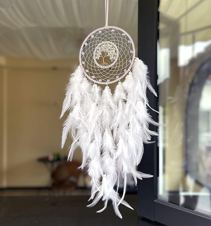 Dream Catchers, White Dream Catcher Tree of Life Wall Decor, with Natural Healing Crystal Stone, Perfect Rock Crystal Handmade Dreamlike Dream Catchers for Bedroom Decor Art Craft Gift