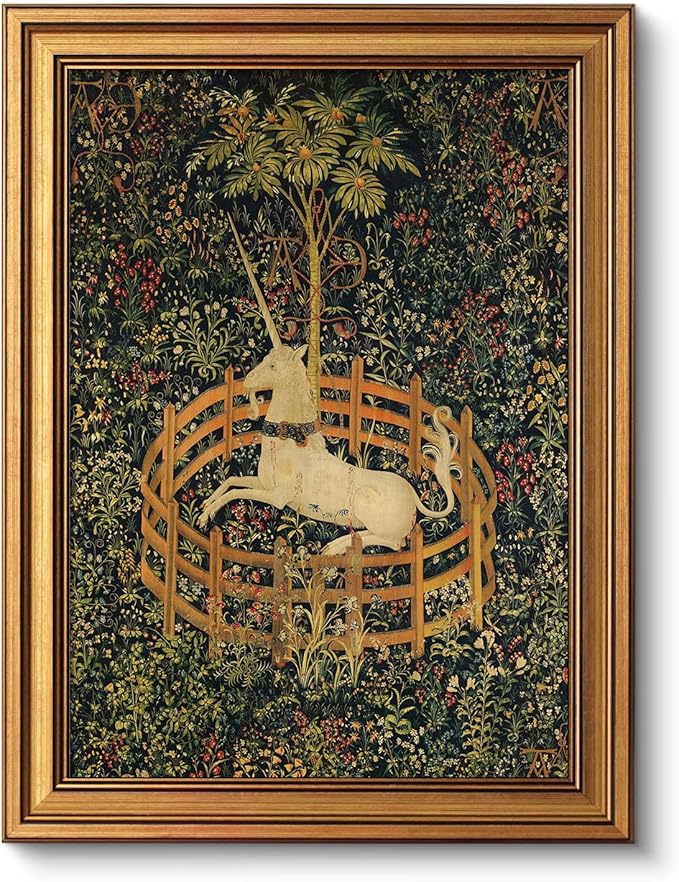 VIYYIEA Vintage Gold Framed Wall Art for Living Room, Unicorn Canvas Prints Home Decor, Oil Painting Picture, Bedroom Wall Decor Gifts for Friends or Family -【The Unicorn in Captivity】-(16L x 12W)
