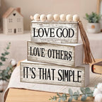 Moucuny 4 Pcs Christian Table Decor Rustic Wooden Block Sign Set with Love God Love Others It's That Simple Farmhouse Stacked Decor with Beaded Garland Tassel Christian Home Decorations for Home Shelf
