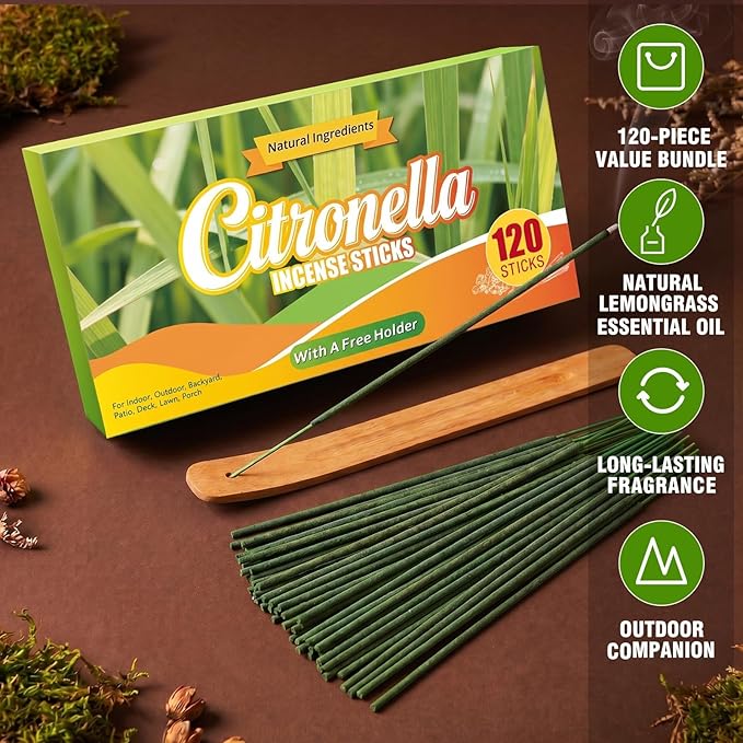 FIRIK Citronella Incense Sticks Outdoor, 120 PCS Lemongrass Incense Sticks with Wooden Holder for Home Pool Side Garden, Patio, Camping Trips, Porches, Courtyards, Farm, Backyard