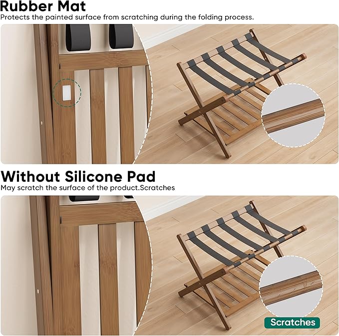 Smuxee Fully Assembled Black Walnut Luggage Racks Pack of 2, Upgraded Bamboo Foldable Suitcase Stand with 5 Nylon Straps, Luggage Holder with Shelf for Guest Room Bedroom Hotel