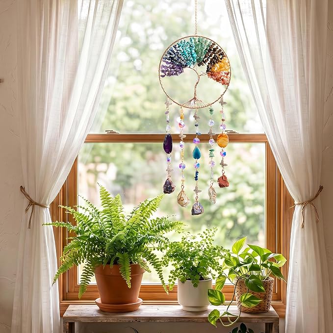 Chakra Dream Catchers Chakra Crystals Stones Crystal Sun Catcher for Windows Hanging Decoration Garden Wall Meditation Yoga Room Decor