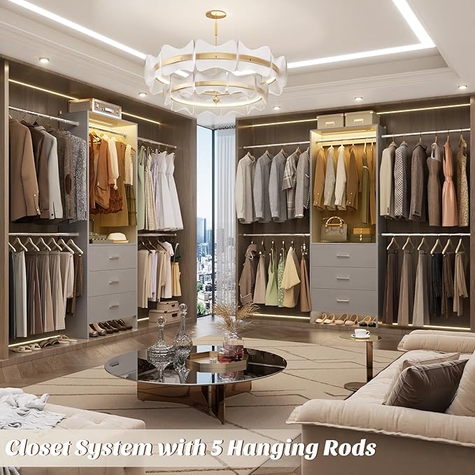 Aheaplus Closet System with Motion-Sensing Light, 3 Wooden Drawers and 4 Hanging Rods, Customizable Walk-in Closet Organizer with 3CCT LED, Heavy Duty Garment Rack for Bedroom,Grey