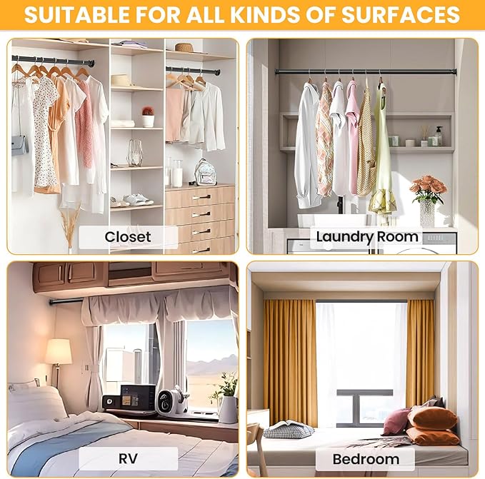 Closet Rods for Hanging Clothes, 17-69 Inch No-Cut Stepless Adjustable Closet Rod, 1.3 Inch Heavy Duty Metal Closet Hanging Rod with Brackets, Matte Black Closet Bar for Closet, Laundry Room, RV