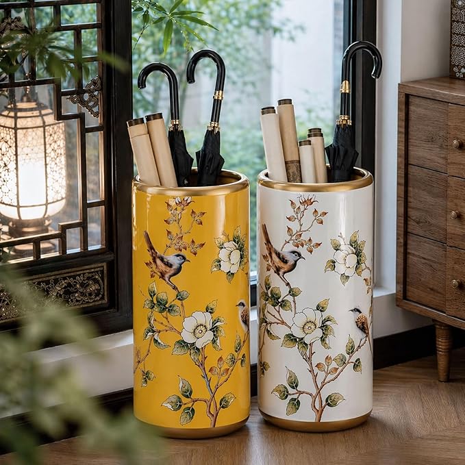 Ceramic Entryway Umbrella Stand,Handmade Appliques Chinese Umbrella Stand Barrels,Vintage Floor Standing Cane Holder Placed & Flower Vases for Hotel Office Home Entrance,C,17.3in