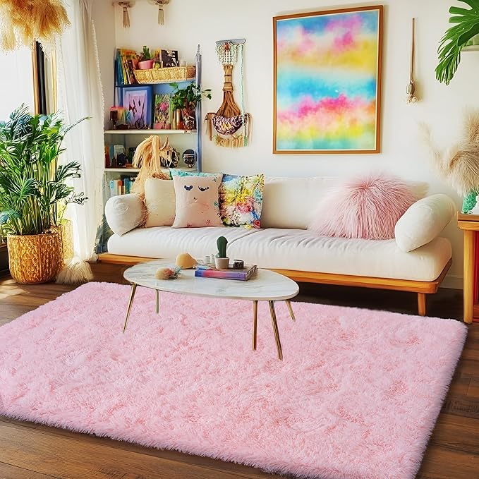 Pink Rug for Girls Bedroom, 5x7 Area Rug for Cute Girls Room, Bedside Indoor Floor Fluffy Shag Carpet, Plush Soft Rug for Living Room Nursery Dorm Home Decor