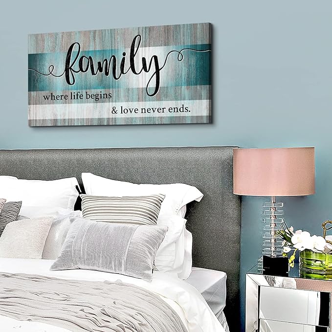 Family Wall Decor Teal Wall Art for Kitchen Dining Room Family Sign for Home Decor Wall Inspirational Quotes Canvas Prints Rustic Farmhouse Painting Artwork for Living Room Home Decorations 20x40"