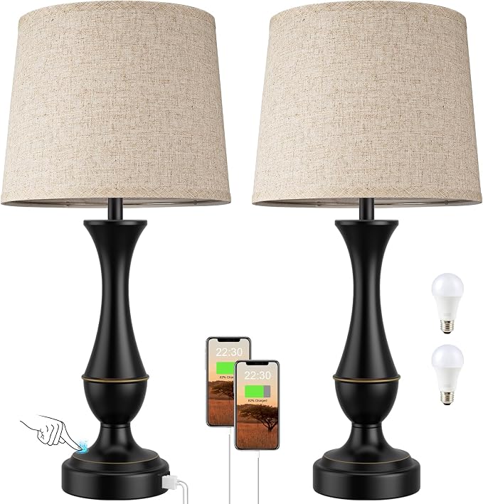 Seealle Upgraded Touch Lamps for Night Stands Set of 2 - Bedside Lamps with USB C+A, 3 Way Dimmable for Bedroom Living Room End Tables Office (Tall Beige&Black)