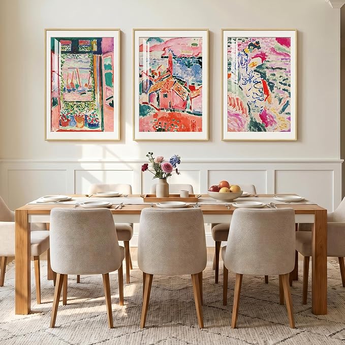 Large Framed Matisse Wall Art for Living Room, Set of 3 Colorful Abstract Landscape Wall Painting Prints, Vintage Retro Aesthetic Wall Decor for Dining Room Bedroom Office Hallway 24x36 Inch