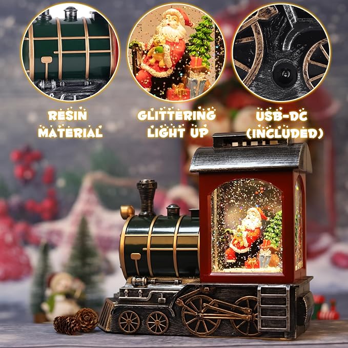 Santa Red Train Christmas Snow Globe Lantern-Glittering Light Up Musical Snow Globe Christmas Decorations, 6H Timer, USB & Battery Operated, Santa Indoor Home Décor