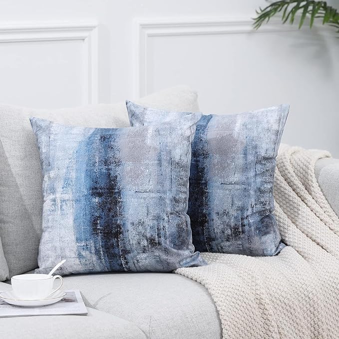 Blue and Grey Abstract Art Artwork Pillow Cover, Gallery Modern Decorative Throw Pillows Cushion Cover for Bedroom Sofa Living Room 26 x 26 Inch Set of 2